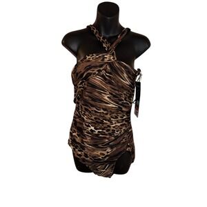 New Miraclesuit Europa Leopard Ruched Halter‎ One Piece Swimsuit plus size 16